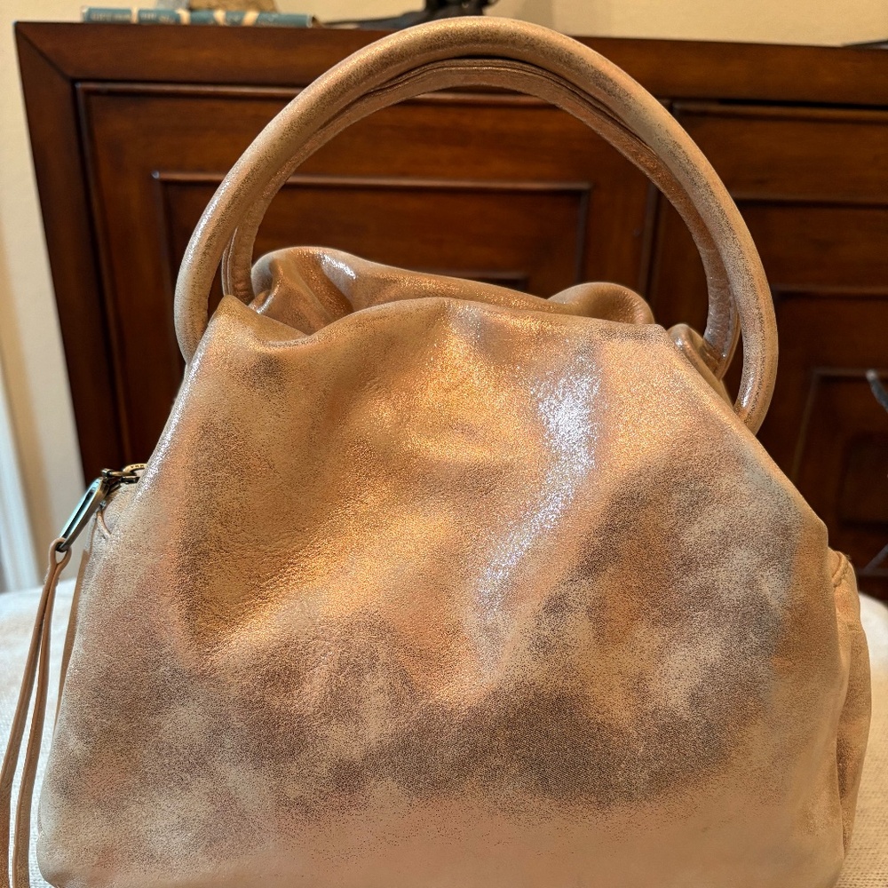 HOBO Metallic Gold Leather Satchel – Camouflage Shimmer – Convertible Strap – NW